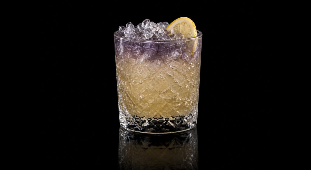 Gunmetal Fix cocktail on a dark studio background
