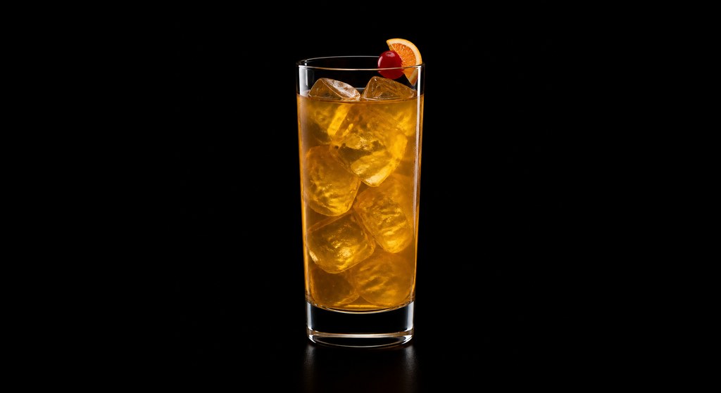 Hai Karate cocktail on a dark studio background