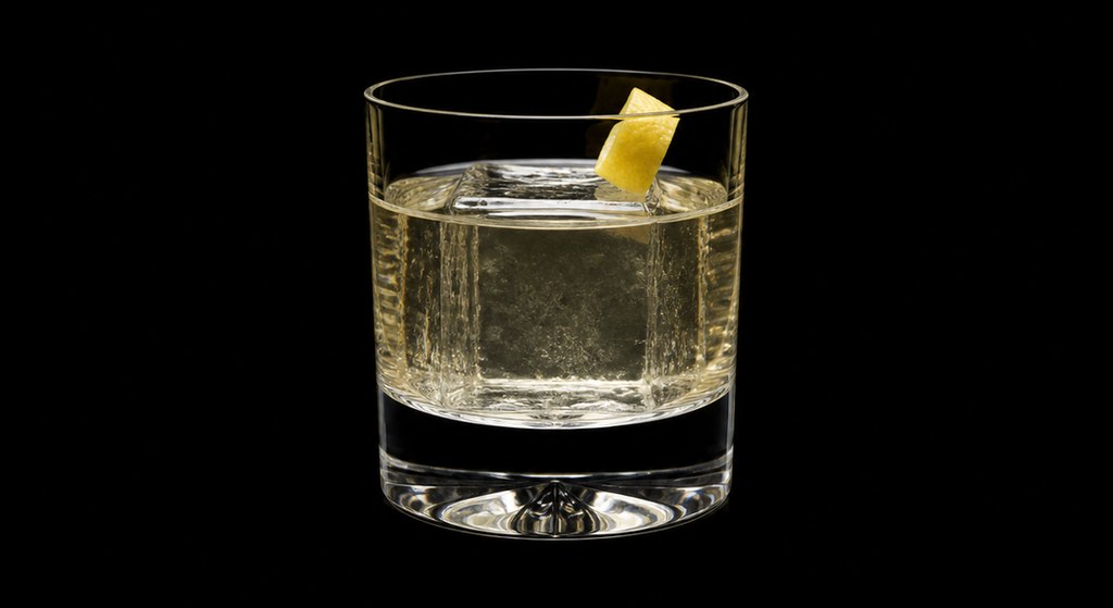 Harrison Ginsberg’s White Negroni cocktail on a dark studio background
