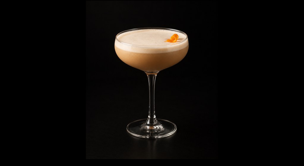 Hazelnut Sherry Flip cocktail on a dark studio background