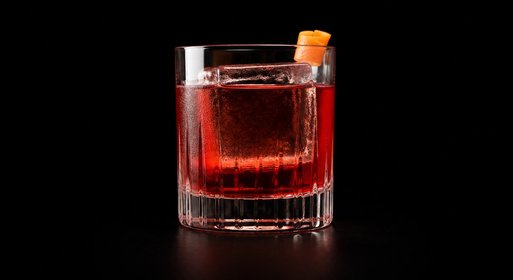 Heering Negroni cocktail on a dark studio background