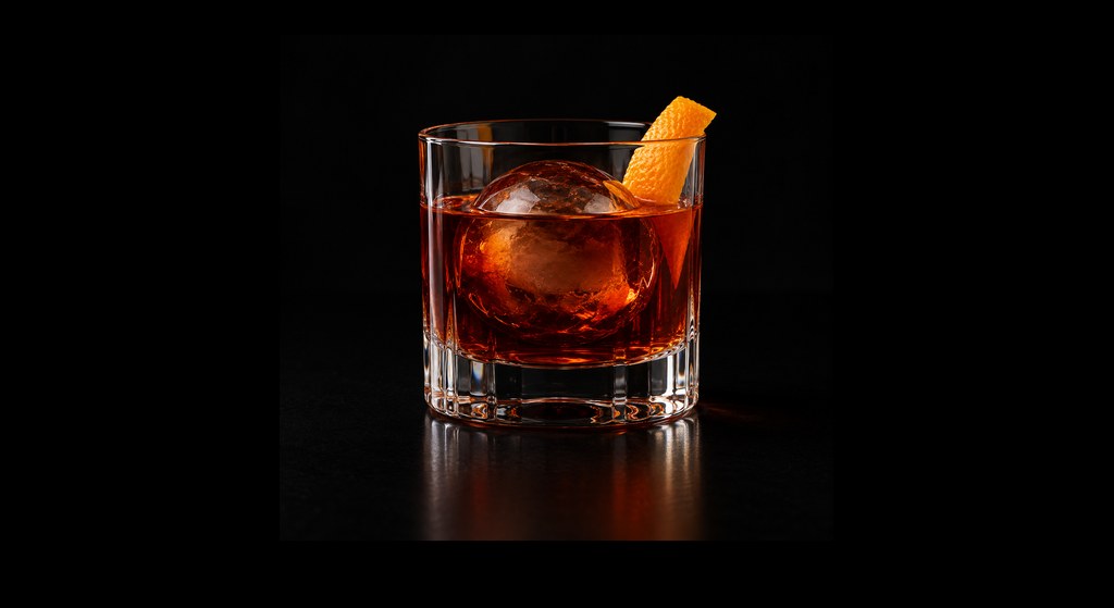 Hojicha Negroni cocktail on a dark studio background