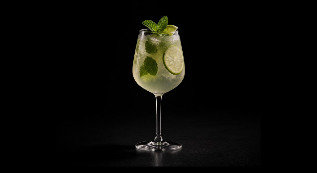 Hugo Spritz cocktail on a dark studio background