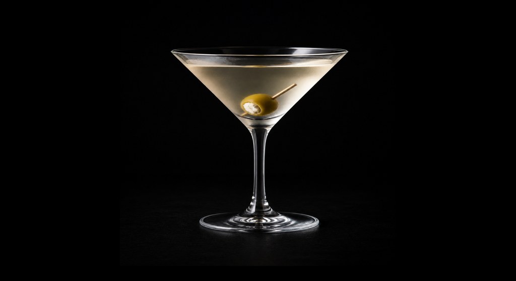 Inverted Dirty Martini cocktail on a dark studio background