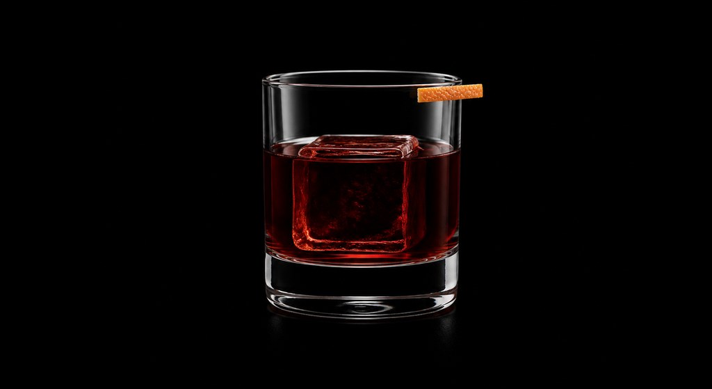 Iron Negroni cocktail on a dark studio background