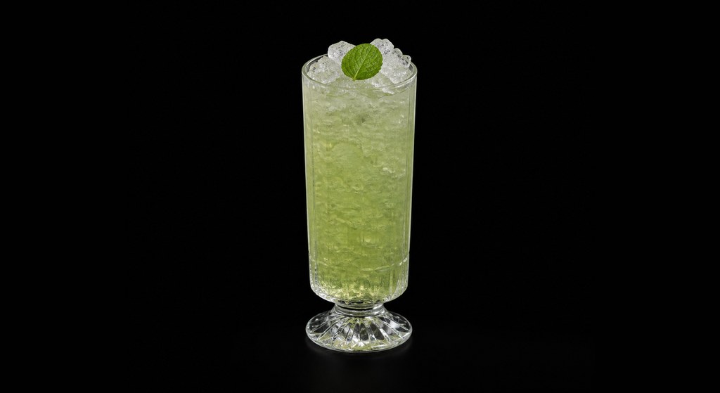 Jamie Boudreau’s Absinthe Frappé cocktail on a dark studio background