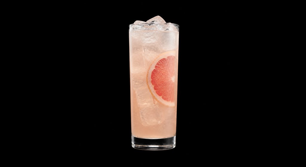 Lazy Coconut Paloma cocktail on a dark studio background