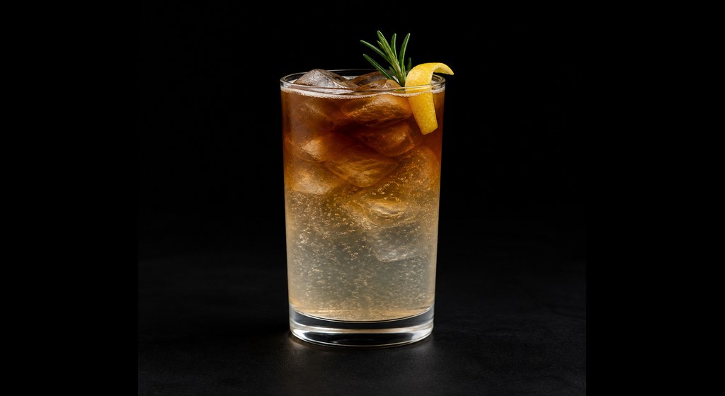 Lemon-Rosemary Espresso Tonic cocktail on a dark studio background