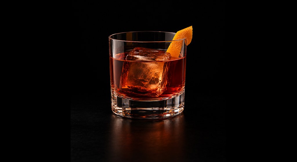 London Fog Negroni cocktail on a dark studio background