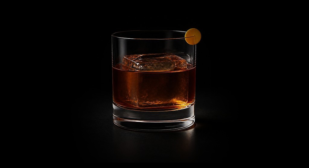 Low End Theory cocktail on a dark studio background