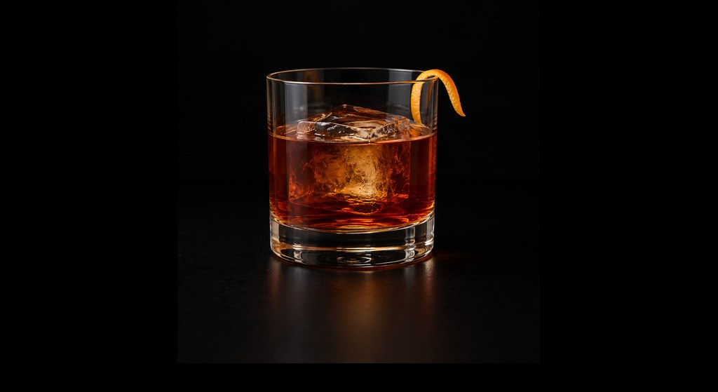 M & M cocktail on a dark studio background