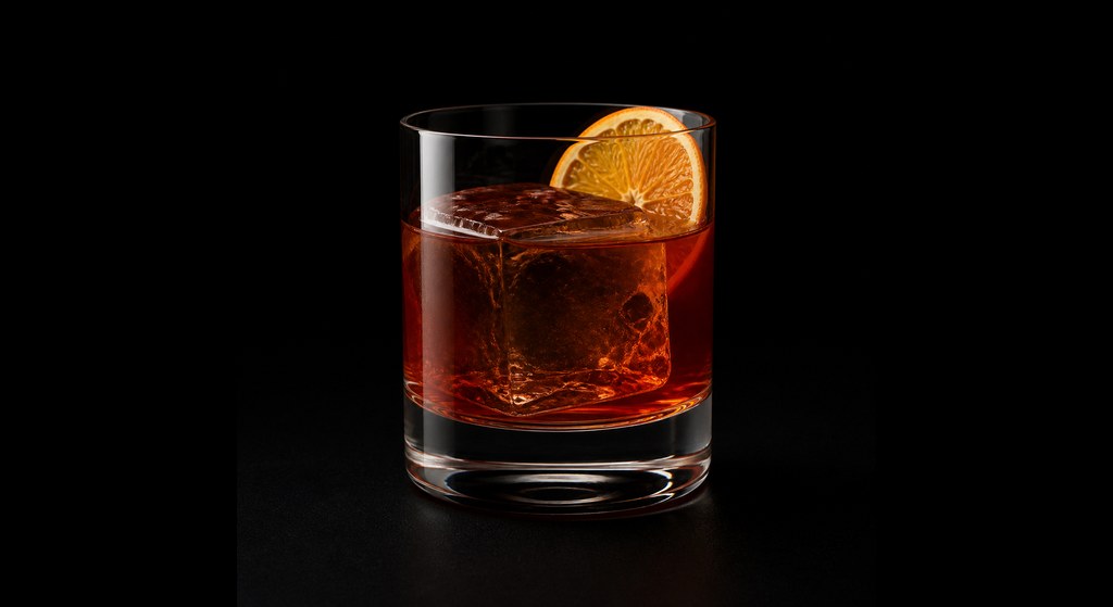 Madeira Negroni cocktail on a dark studio background
