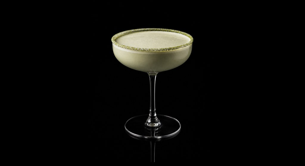 Maple Oat Latte Matcha Martini cocktail on a dark studio background