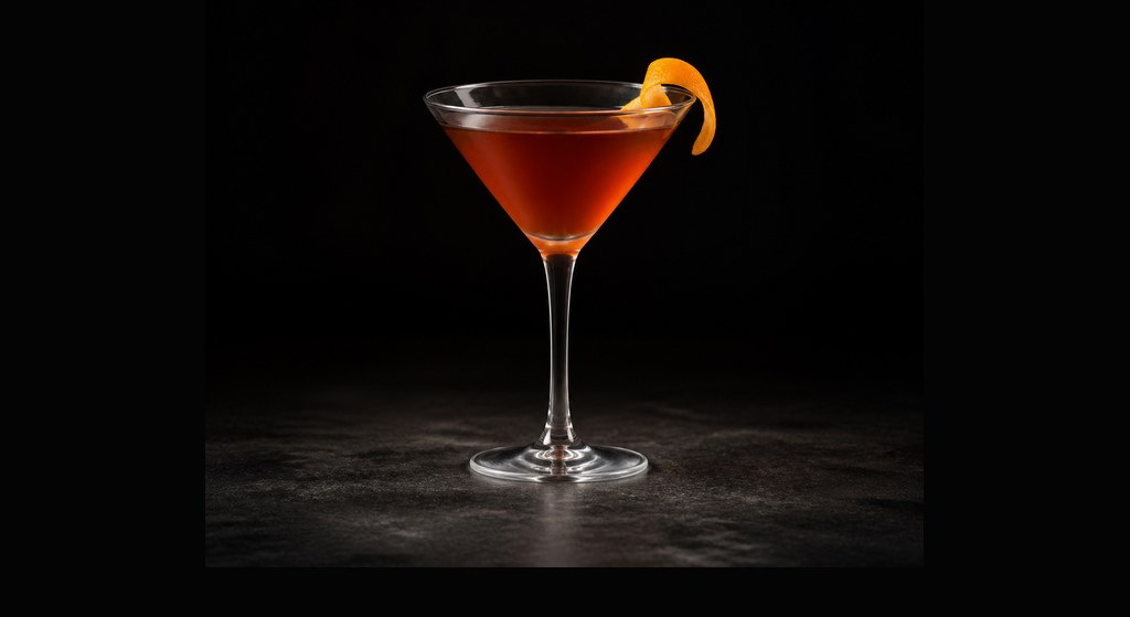 Martinez cocktail on a dark studio background