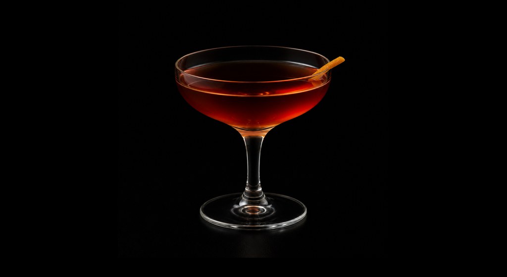 Martinez (London Spec. With Genever) cocktail on a dark studio background
