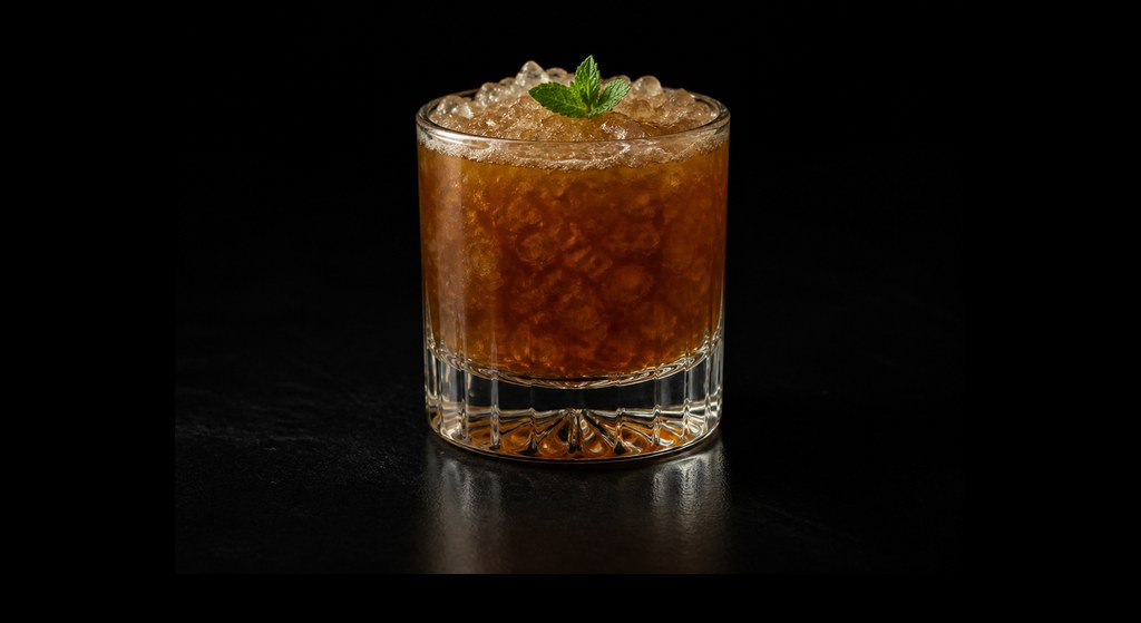 Midnight Stinger cocktail on a dark studio background