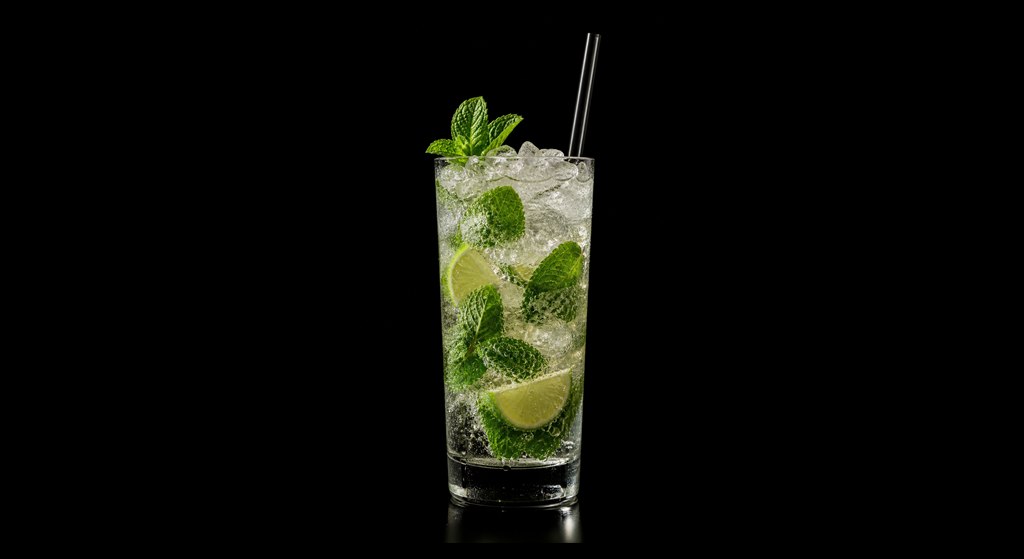 Mojito cocktail in a tall serving glass on a black background