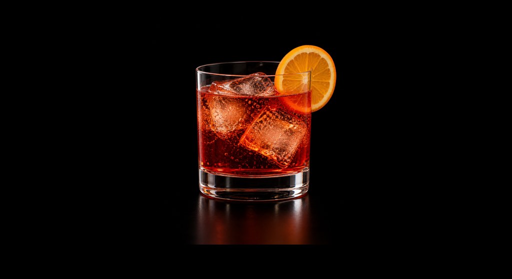 Negroni Sbagliato cocktail on a dark studio background