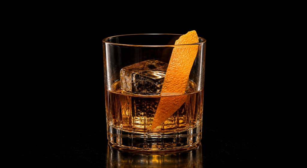 Old Fashioned cocktail on a black background