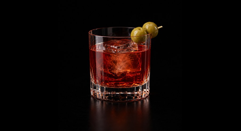 Olive Oil Negroni cocktail on a dark studio background