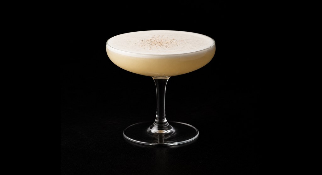 Olive Oil Sour cocktail on a dark studio background