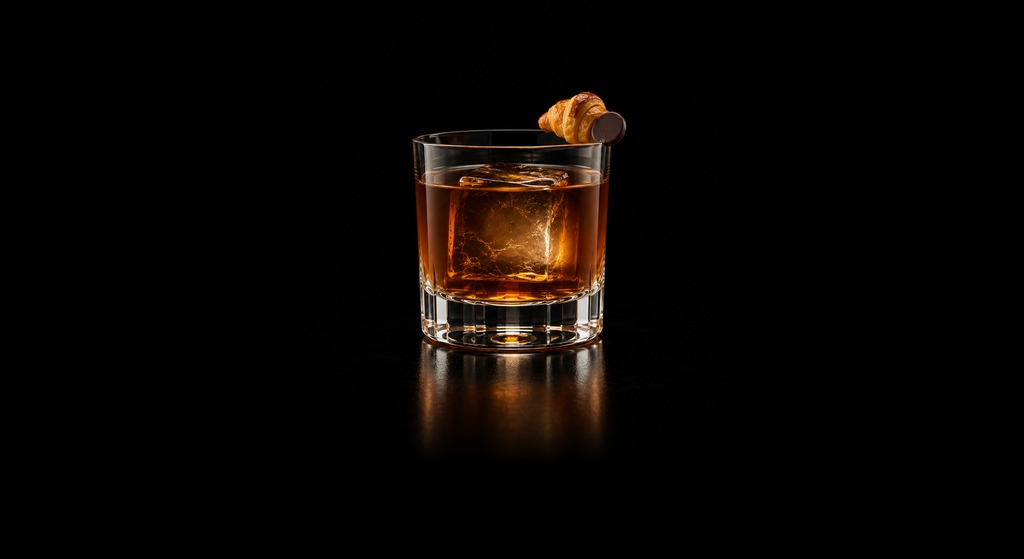 Pain Au Chocolat cocktail on a dark studio background