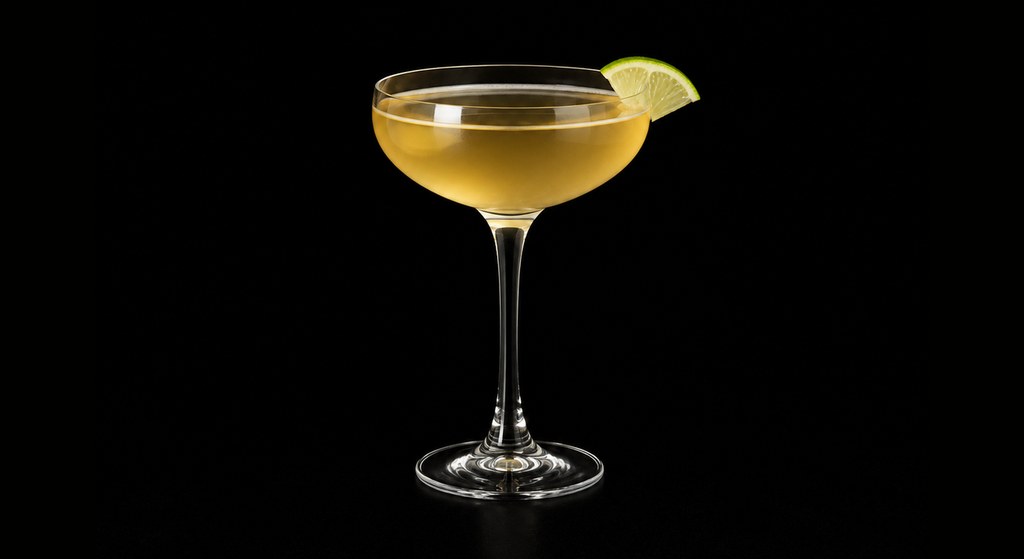 Paris When It Sizzles cocktail on a dark studio background