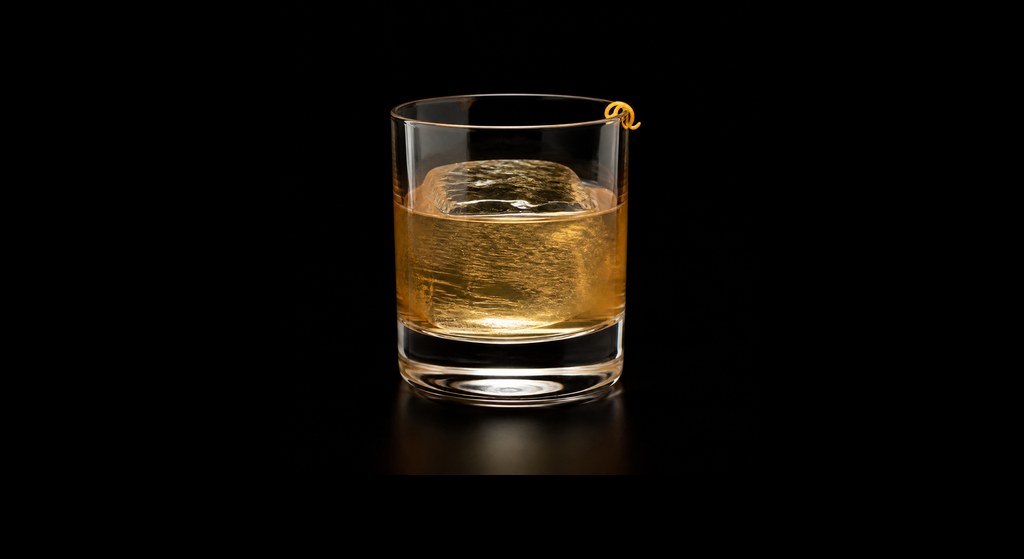 Parthenon Old-Fashioned cocktail on a dark studio background
