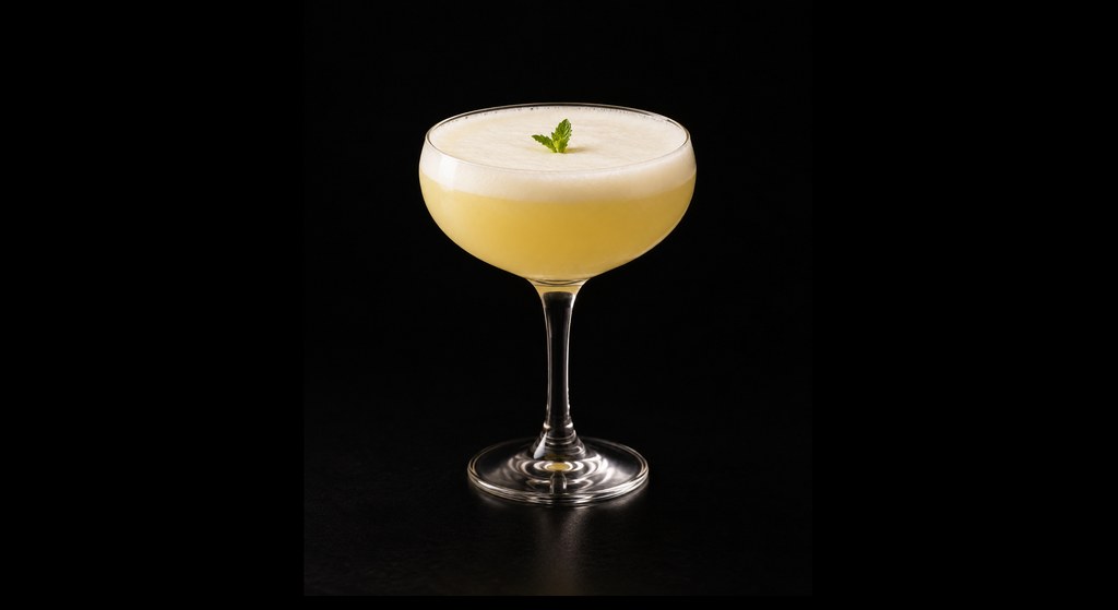 Pineapple & Yuzu Meringue Sour cocktail on a dark studio background