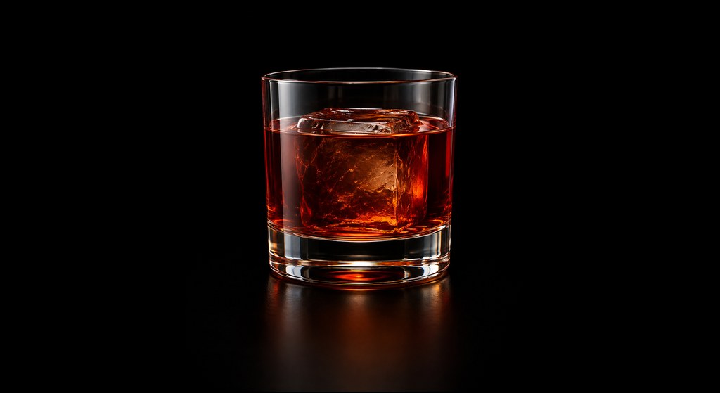 Plum Boulevardier cocktail on a dark studio background