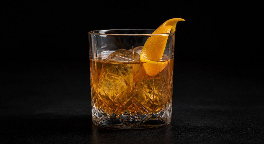 Rum Old Fashioned cocktail on a dark studio background