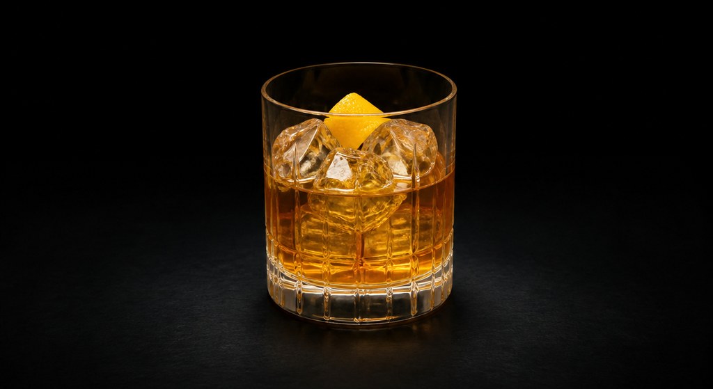 Rusty Nail cocktail on a dark studio background