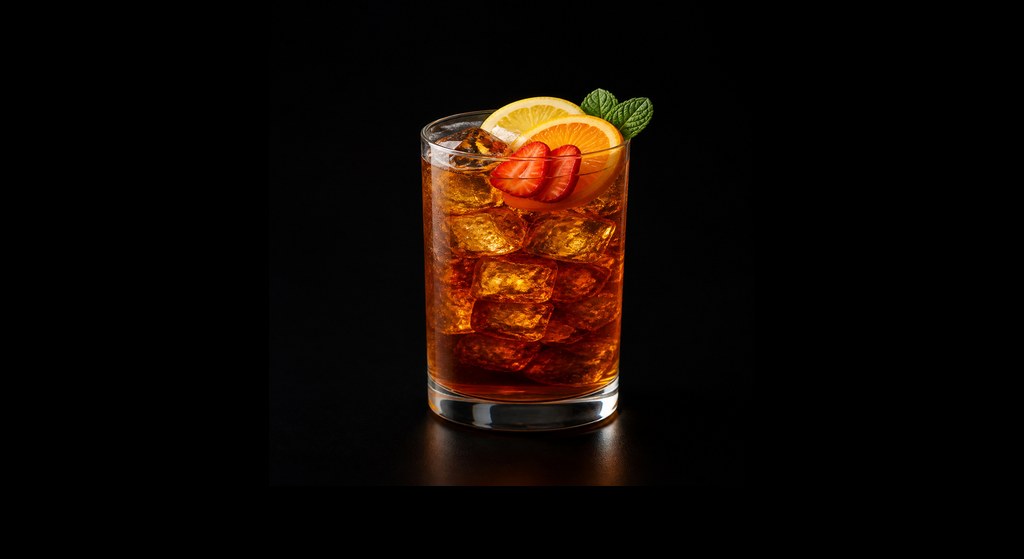 Rye Whiskey Fruit Cup (Difford's Cup No.5) cocktail on a dark studio background