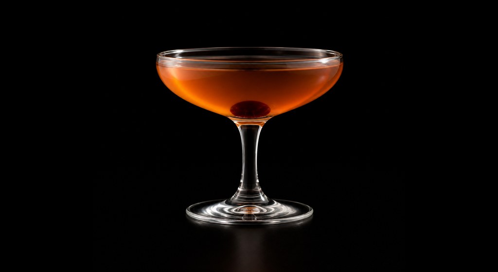 Sake Manhattan cocktail on a dark studio background