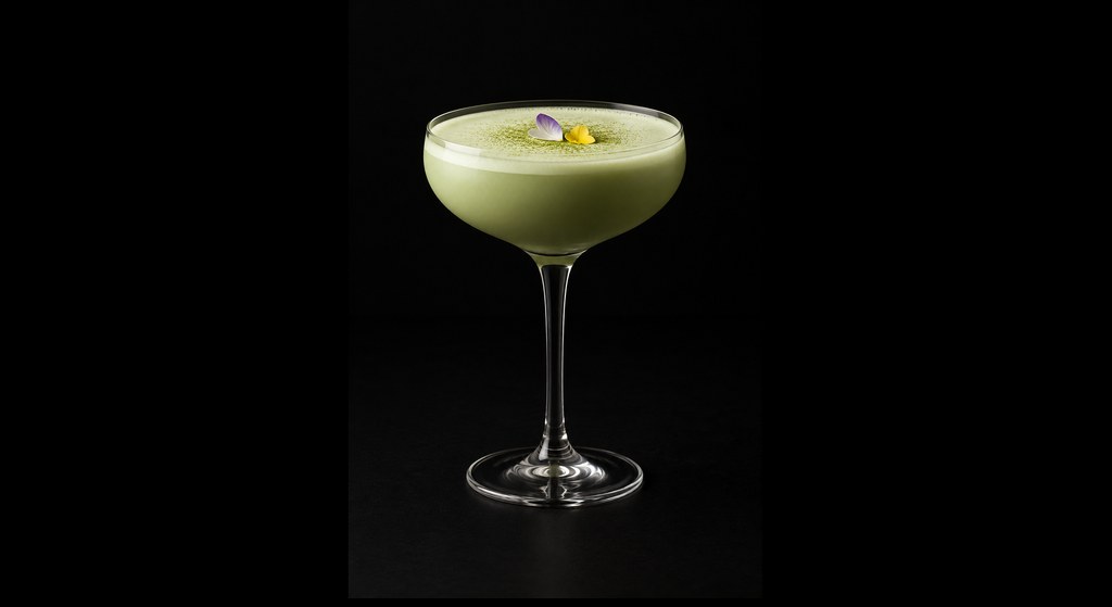 Scottish Spring Matcha cocktail on a dark studio background