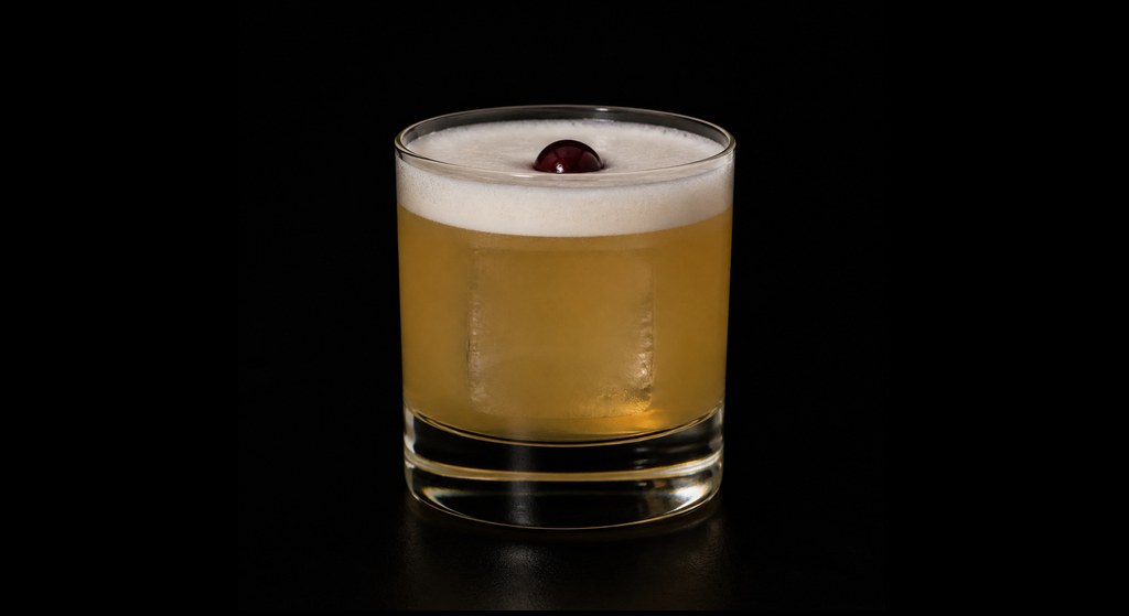 Sherry Sour cocktail on a dark studio background