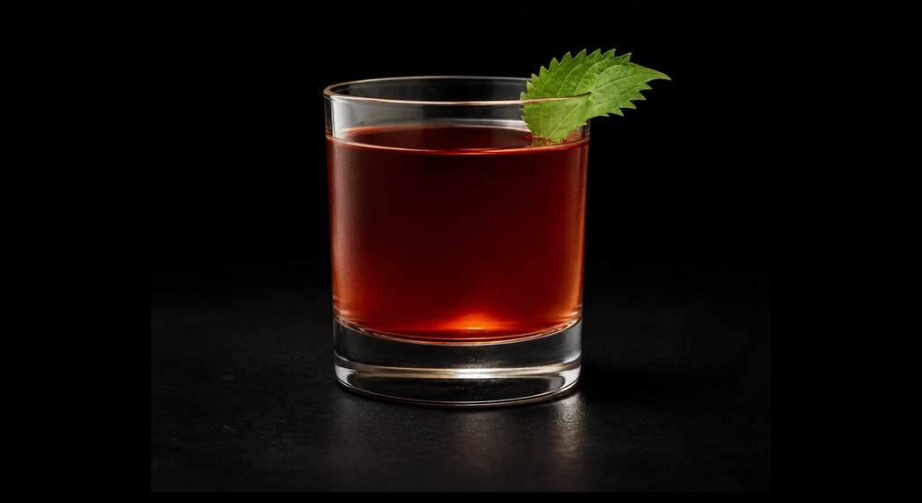 Shiso and Shochu Negroni cocktail on a dark studio background