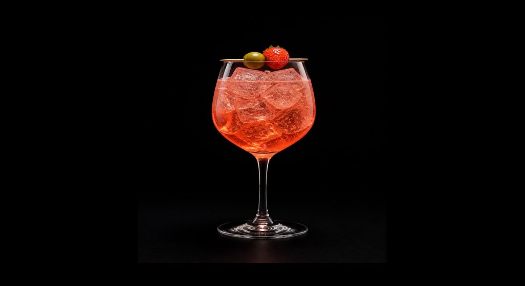 Strawberry Apero Spritz cocktail on a dark studio background
