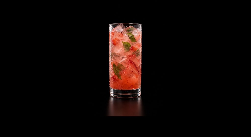 Strawberry Basil Mocktail cocktail on a dark studio background