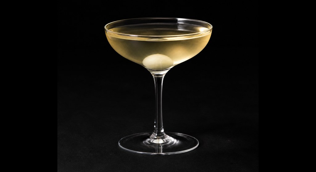 Temple House Gibson Martini cocktail on a dark studio background
