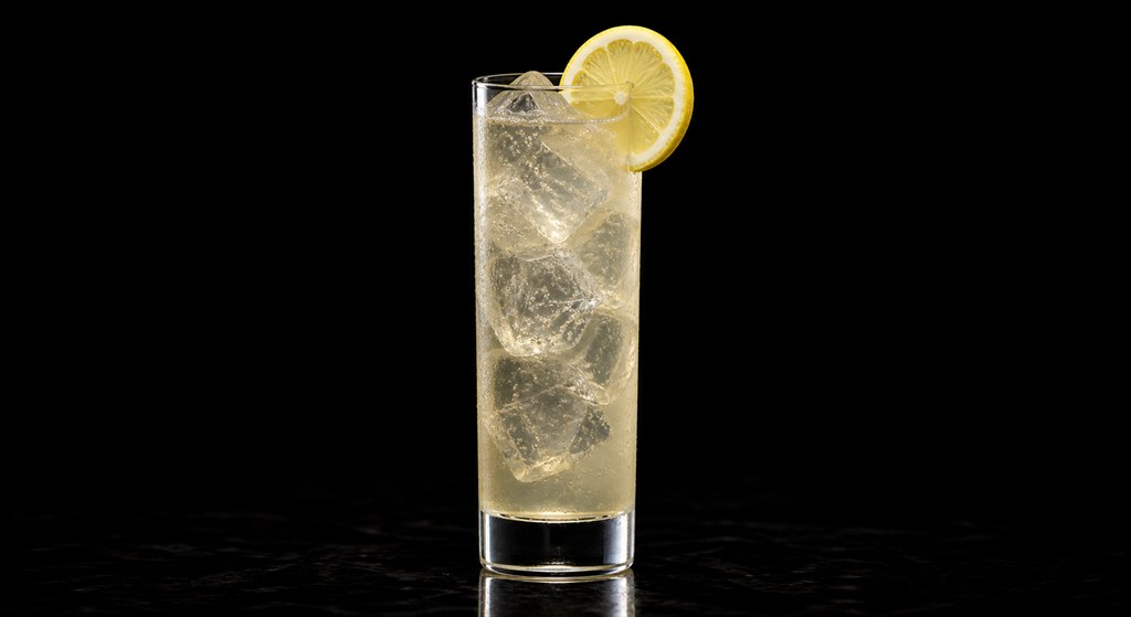 Tom Collins cocktail on a black background