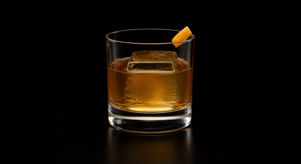 Vanilla Old Fashioned cocktail on a dark studio background