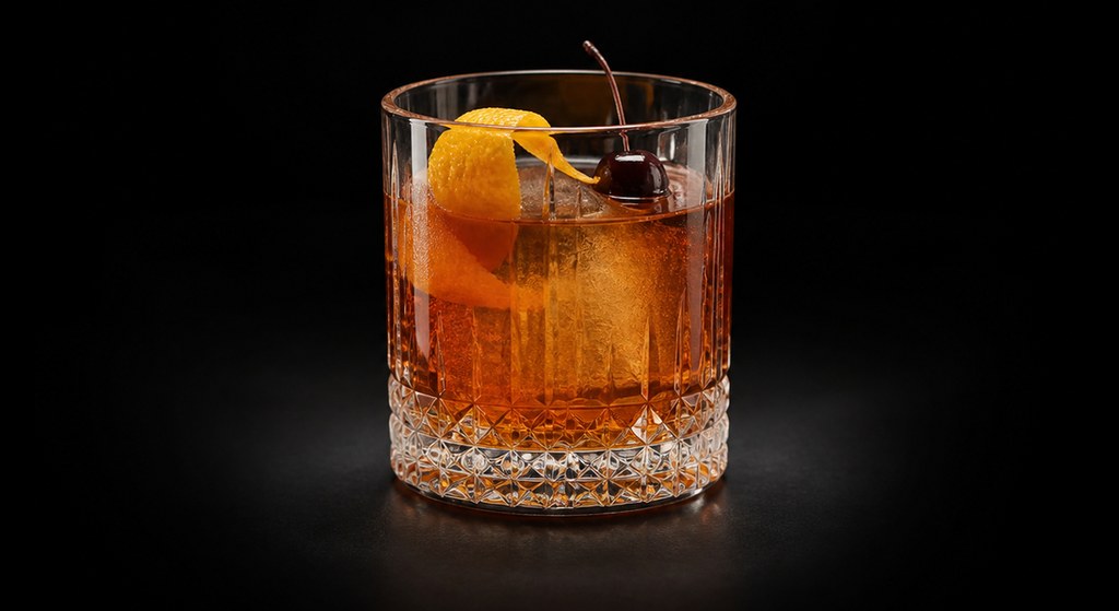 Vieux Carré cocktail on a dark studio background