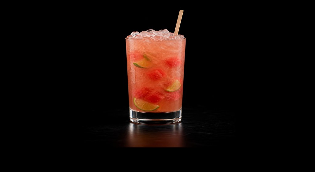 Watermelon Caipirinha cocktail on a dark studio background