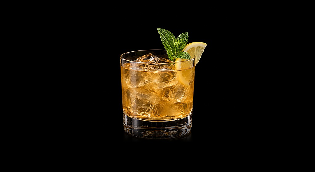 Whiskey Smash cocktail on a dark studio background