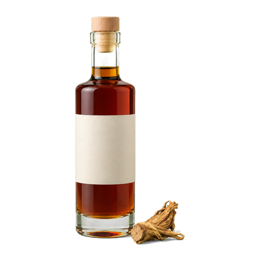 German amaro in an unbranded amber bottle with herbs on a transparent background
